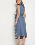 rosa Rochie Albastră fără Mâneci cu Croială Tip Cămașă cu Centură Decorată cu Broderie Fodarela