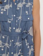 rosa Rochie Albastră fără Mâneci cu Croială Tip Cămașă cu Centură Decorată cu Broderie Fodarela