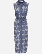 rosa Rochie Albastră fără Mâneci cu Croială Tip Cămașă cu Centură Decorată cu Broderie Fodarela