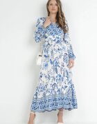 rosa Rochie Albastră Larga Maxi cu Elastic în Talie și Volan Apolla