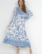 rosa Rochie Albastră Larga Maxi cu Elastic în Talie și Volan Apolla