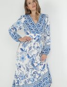 rosa Rochie Albastră Larga Maxi cu Elastic în Talie și Volan Apolla