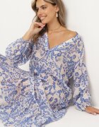 rosa Rochie Albastru-Alb cu decolteu în V și volan Novian