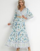 rosa Rochie albastru-albă cu flori evazată cu curea Hosifar
