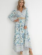 rosa Rochie albastru-albă cu flori evazată cu curea Hosifar