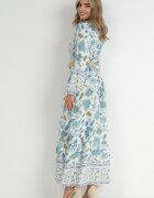 rosa Rochie albastru-albă cu flori evazată cu curea Hosifar