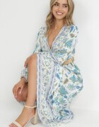 rosa Rochie albastru-albă cu flori evazată cu curea Hosifar