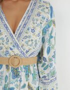 rosa Rochie albastru-albă cu flori evazată cu curea Hosifar