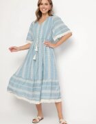 rosa Rochie Albastru Deschis Din Bumbac Boho cu Croială Evazată cu Șnur și Broderie Korithira