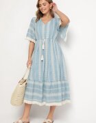 rosa Rochie Albastru Deschis Din Bumbac Boho cu Croială Evazată cu Șnur și Broderie Korithira