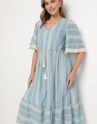 rosa Rochie Albastru Deschis Din Bumbac Boho cu Croială Evazată cu Șnur și Broderie Korithira