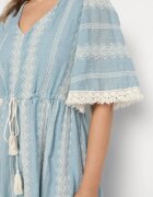 rosa Rochie Albastru Deschis Din Bumbac Boho cu Croială Evazată cu Șnur și Broderie Korithira