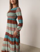 rosa Rochie Albastru-Roșu Maxi cu Top Încrețit și Mânecă Lungă Haari
