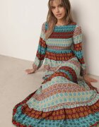 rosa Rochie Albastru-Roșu Maxi cu Top Încrețit și Mânecă Lungă Haari