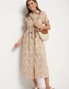 rosa Rochie bej cu croială de cămașă cu centură legată și broderie Malavea