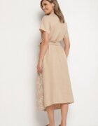 rosa Rochie bej cu croială de cămașă cu centură legată și broderie Malavea