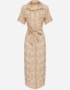 rosa Rochie bej cu croială de cămașă cu centură legată și broderie Malavea