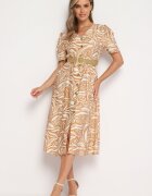 rosa Rochie Bej cu croială tip cămașă cu centură împletită în talie Zaratia