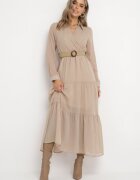 rosa Rochie bej cu decolteu petrecut și curea împletită Dirmi