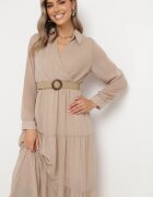 rosa Rochie bej cu decolteu petrecut și curea împletită Dirmi