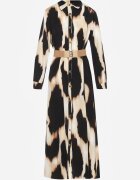rosa Rochie Bej cu Negru Imprimeu Leopard Stil Cămașă cu Cordon Elastic Tinellea