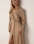rosa Rochie Bej De Satin Midi cu Decolteu Petrecut și Guler Hartho