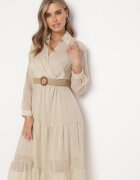 rosa Rochie Bej deschis cu Decolteu petrecut și Curea Împletită Dirmi