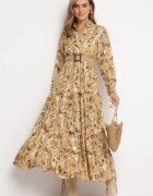 rosa Rochie Bej deschis cu Imprimeu Floral și Curea Împletită Nouylas