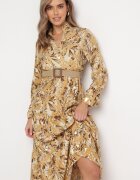 rosa Rochie Bej deschis cu Imprimeu Floral și Curea Împletită Nouylas