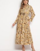 rosa Rochie Bej deschis cu Imprimeu Floral și Curea Împletită Nouylas