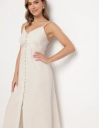 rosa Rochie bej deschis din bumbac cu croială evazată cu bretele și nasturi Firbia