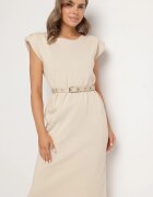 rosa Rochie Bej din Vâscoză cu Croială Tip Cutie cu Cordon cu Cataramă Polliviera