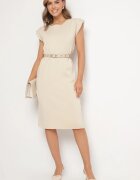 rosa Rochie Bej din Vâscoză cu Croială Tip Cutie cu Cordon cu Cataramă Polliviera