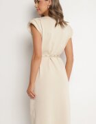 rosa Rochie Bej din Vâscoză cu Croială Tip Cutie cu Cordon cu Cataramă Polliviera