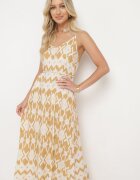 rosa Rochie Bej din Viscoză cu Bretele Reglabile și Imprimeu Geometric Vididia