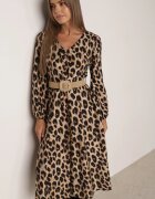 rosa Rochie bej evazată din viscoză cu imprimeu leopard și centură Aliri