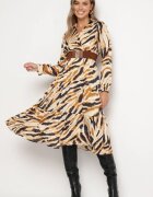 rosa Rochie Bej Evazată Petrecută cu Model Abstract cu Centură și Elastic în Talie Zinnaea