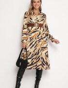 rosa Rochie Bej Evazată Petrecută cu Model Abstract cu Centură și Elastic în Talie Zinnaea