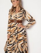 rosa Rochie Bej Evazată Petrecută cu Model Abstract cu Centură și Elastic în Talie Zinnaea