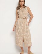 rosa Rochie bej fără mâneci cu croi tip cămașă cu curea decorată cu broderie Fodarela
