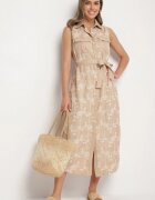 rosa Rochie bej fără mâneci cu croi tip cămașă cu curea decorată cu broderie Fodarela