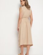 rosa Rochie bej fără mâneci cu croi tip cămașă cu curea decorată cu broderie Fodarela