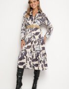 rosa Rochie Bej-Gri Petrecută cu Model Abstract cu Elastic în Talie și Curea Zinnitaria