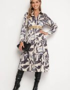 rosa Rochie Bej-Gri Petrecută cu Model Abstract cu Elastic în Talie și Curea Zinnitaria