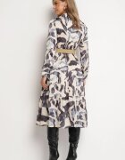 rosa Rochie Bej-Gri Petrecută cu Model Abstract cu Elastic în Talie și Curea Zinnitaria