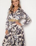 rosa Rochie Bej-Gri Petrecută cu Model Abstract cu Elastic în Talie și Curea Zinnitaria