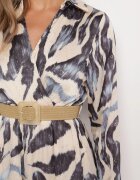 rosa Rochie Bej-Gri Petrecută cu Model Abstract cu Elastic în Talie și Curea Zinnitaria