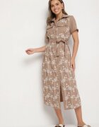 rosa Rochie Bej închis tip cămașă cu centură legată și broderie Malavea