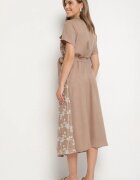 rosa Rochie Bej închis tip cămașă cu centură legată și broderie Malavea