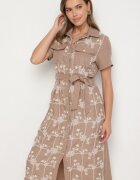 rosa Rochie Bej închis tip cămașă cu centură legată și broderie Malavea